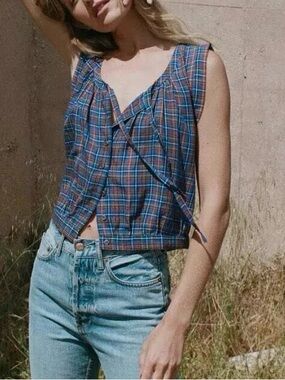 Doen Roselle Tie Neck Cotton voile in azure French plaid, XS